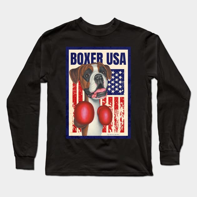 Cute funny red white and blue Boxer Dog with Boxing Gloves USA Long Sleeve T-Shirt by Danny Gordon Art